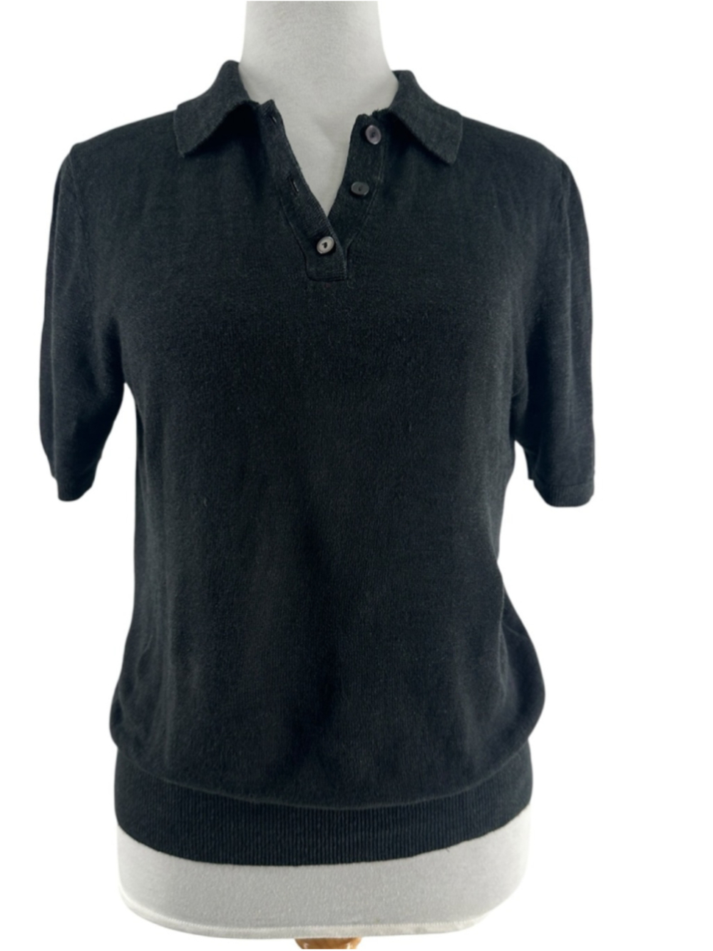 Banana Republic Black Linen Blend Short Sleeve Knit Polo Sweater preppy sz sm